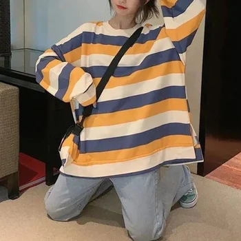 Liber cu Dungi O-gât cu mâneci Lungi T-shirt Femei Harajuku tricouri Supradimensionate Femeie de Moda coreeană Mid-lungime Topuri Femeile 2021