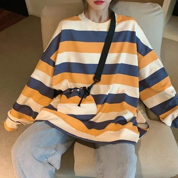 Liber cu Dungi O-gât cu mâneci Lungi T-shirt Femei Harajuku tricouri Supradimensionate Femeie de Moda coreeană Mid-lungime Topuri Femeile 2021 Imagine 2