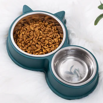 Pisica Model Din Oțel Inoxidabil Alimentare Apa De Alimentare Dublu Castron Caine Mic, Cu Apă Tavă De Alimentare Placă De Consumabile Pentru Animale De Companie Imagine 2